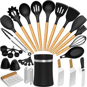 img 4 attached to 🍳 AIKKIL 39pcs Non-stick Silicone Cooking Utensil Set with Heat Resistant Wooden Handle and Holder - Kitchen Gadgets Tool Set for Nonstick Cookware, Black