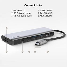 img 3 attached to 🔌 Belkin 7-in-1 MultiPort USB-C Hub Adapter Dock with 4K HDMI, 100W PD Pass-Through Charging, USB A Ports, Audio Jack, SD 3.0 Slot, and Micro SD 3.0 - Compatible with MacBook Pro, MacBook Air, iPad Pro, XPS, and More