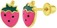 colorful strawberry fruit safety earrings for toddlers & kids - gold plated with pink enamel - unique fruit jewelry for little girls, perfect for everyday use logo