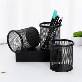 img 2 attached to 🖊️ Black Mesh Pen Pencil Collection Holder Sorter Desk Organizer by MosBug - Round Steel Pen Pencil Cup Set of 2