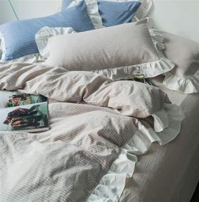 img 1 attached to 🛏️ SUSYBAO Vintage Ruffle Duvet Cover Set - 3 Pieces - Queen Size Beige Striped - Princess Girls Bedding - 100% Washed Cotton - Zipper Ties - 1 Rural Duvet Cover - 2 Pillow Shams - Luxury Quality - Soft and Breathable