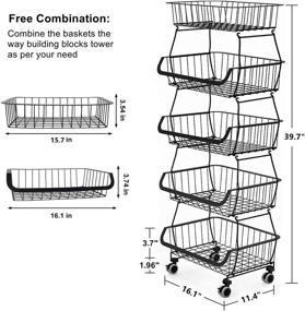 img 2 attached to 🍎 5-Tier Stackable Fruit Basket with Wheels - Kitchen Wire Rack for Fruit and Vegetable Storage, Pantry Food Organizer Shelf - Storage Cart for Onion, Potato, and Produce Snacks