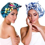 🚿 stylish and adjustable 2-piece shower cap set - blue and colorful floral waterproof turban shower hat for women and girls with short and long hair logo