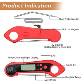 img 3 attached to Waterproof Digital Instant Read Meat Thermometer: Foldable Dual Probe for Kitchen, Cooking Food, BBQ, and Grill with Backlight, Calibration Function, and Instructions - Red