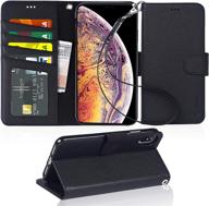 📱 arae pu leather wallet case for iphone xs max - black | stand feature, wrist strap, 4-slots for id & credit cards logo