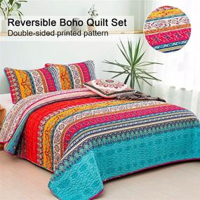 img 3 attached to 🛏️ Boho Quilt Set Queen: Reversible Retro Bohemian Bedspread, Soft Lightweight Microfiber, 3-Piece Set (1 Quilt + 2 Pillowcases) - 90 x 90 inches, All Seasons Use