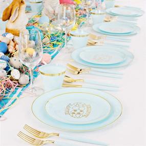 img 2 attached to Liacere 175PCS Mint Green Plastic Plates - Gold Plastic Silverware Set with Green Handle including 50 Plates, 25 Spoons, 25 Forks, 25 Knives, 25 Cups, 25 Napkins for Easter Party