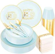 liacere 175pcs mint green plastic plates - gold plastic silverware set with green handle including 50 plates, 25 spoons, 25 forks, 25 knives, 25 cups, 25 napkins for easter party logo