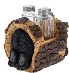 img 2 attached to 🐻 Rustic Black Bear Salt and Pepper Shakers - Log-shaped Glass Seasonings Set for Wilderness Home Decor and Table Enhancements - Salt and Pepper Table Set