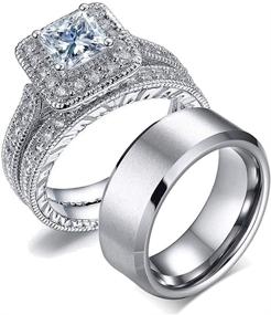 img 4 attached to 💍 Парные Кольца LOVERSRING Набор для Молодоженов Его и Ее Женская Отделка белым золотом 10 карат, имитация бриллианта класса ААА, Мужская Стальная Обручальная Полоса