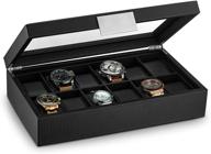 🕶️ glenor co men's watch box - 12 slot luxury carbon fiber display case, large holder with metal buckle - black logo