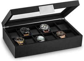 img 4 attached to 🕶️ Glenor Co Men's Watch Box - 12 Slot Luxury Carbon Fiber Display Case, Large Holder with Metal Buckle - Black