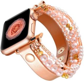 img 2 attached to 🌸 Fastgo Кожаный упругий браслет с хрустальными бусинами для Apple Watch 44 мм 42 мм - Совместим с женщинами и девочками, Iwatch SE & 6 5 4 3 2 1 - Розовое золото/розовый (42 мм/44 мм)