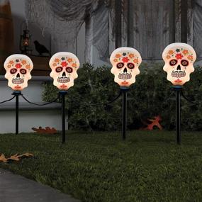 img 4 attached to 🎃 Goothy Halloween Skulls Pathway Markers Lights, Set of 4 Grimace Lights with Stake, 7Ft Connectable Halloween Pathway String Lights for Garden Patio Walkway Home Party Decoration, Black Wire