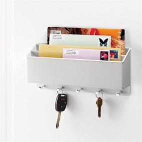 img 2 attached to mDesign Wall Mount Plastic Divided Mail Organizer Storage Basket - 2 Sections, 5 Metal 📬 Peg Hooks - Entryway, Mudroom, Hallway, Kitchen, Office - Holds Letters, Magazines, Coats, Keys - Light Gray