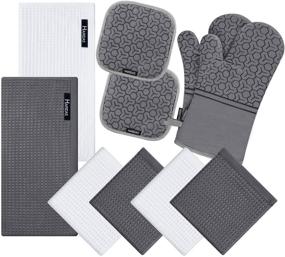 img 4 attached to 10 Piece Silicone Oven Mitts and Pot Holder Set with Kitchen Towels and Dish Cloths - 500 Degree Heat Resistant, Quick Drying, Soft Lining - Ideal for Kitchen Baking, BBQ, and Grilling (Grey)