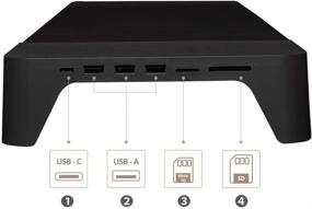 img 2 attached to 🖥️ POUT_EYES8 Black Wooden Desk Monitor Stand with Wireless Charging Pad, USB Hubs for Laptop, iMac, and Mobile Devices