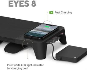 img 3 attached to 🖥️ POUT_EYES8 Black Wooden Desk Monitor Stand with Wireless Charging Pad, USB Hubs for Laptop, iMac, and Mobile Devices