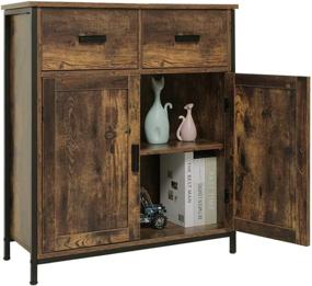 img 4 attached to USIKEY Industrial Floor Storage Cabinet: 2 Drawers, Doors, Rustic Brown Sideboard for Living Room, Bedroom, Kitchen - Free Standing Retro Wooden Accent Cupboard