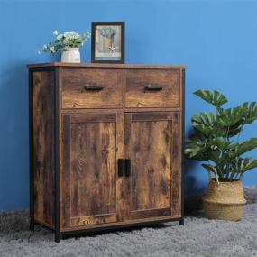 img 3 attached to USIKEY Industrial Floor Storage Cabinet: 2 Drawers, Doors, Rustic Brown Sideboard for Living Room, Bedroom, Kitchen - Free Standing Retro Wooden Accent Cupboard