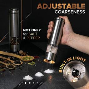 img 1 attached to 🧂 Stainless Steel Electric Salt and Pepper Grinder Set with Light - Battery Operated Mill, Includes Oil Sprayer, Silicone Funnel, Cleaning Brush, and eBook - Adjustable Coarseness - Ceramic Grinders