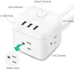 img 3 attached to 🔌 Smart Power Strip with Flat Plug, Switch Control and Cube Spacing Design USB Charging Station - 3 Ports &amp; 3 Outlets – 1875W Surge Protector – 5ft Extension Cord – Ideal for Nightstand &amp; Desktop