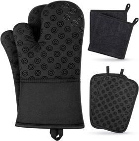 img 4 attached to 🔥 500℉ Heat Resistant Oven Mitts and Pot Holders Set with Non-Slip Silicone Surface - Extra Long Kitchen Mittens and Potholders, Includes Ovenmitts Hotpads and Kitchen Towels, Safe for Cooking