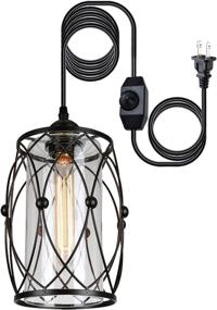 img 4 attached to 💡 HMVPL Swag Pendant Light with 16.4Ft Hanging Cord and Dimmer Switch - Original Industrial Cage and Glass Lampshade Design for Dining Room, Bedroom, Hallway