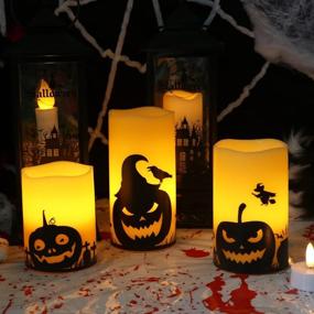 img 1 attached to 🎃 Eldnacele Halloween Flameless Candles: Spooky LED Flickering Pillar Candles with Pumpkin Decals - Set of 3 (D 3” x H 4” 5” 6”) for Festive Halloween Party Decorations