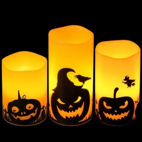 img 4 attached to 🎃 Eldnacele Halloween Flameless Candles: Spooky LED Flickering Pillar Candles with Pumpkin Decals - Set of 3 (D 3” x H 4” 5” 6”) for Festive Halloween Party Decorations