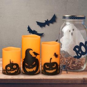 img 2 attached to 🎃 Eldnacele Halloween Flameless Candles: Spooky LED Flickering Pillar Candles with Pumpkin Decals - Set of 3 (D 3” x H 4” 5” 6”) for Festive Halloween Party Decorations