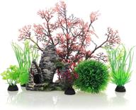 🏞️ high-quality plastic plants and cave rock decor set for jih aquarium fish tanks - includes 7 pieces of small and large artificial plants with cave rock (cu89red-7) logo