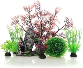 img 1 attached to 🏞️ High-Quality Plastic Plants and Cave Rock Decor Set for JIH Aquarium Fish Tanks - Includes 7 Pieces of Small and Large Artificial Plants with Cave Rock (CU89Red-7)