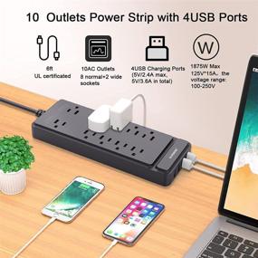 img 1 attached to SAFEMORE Предохранительная полоса Power Strip с USB, 10 розеток для подключения - Быстрая зарядка настольной полосы с питанием 🔌 с 4 USB-разъемами, 1875 Вт / 15 А, 6-футовым удлинителем - Много розеток для домашнего офиса