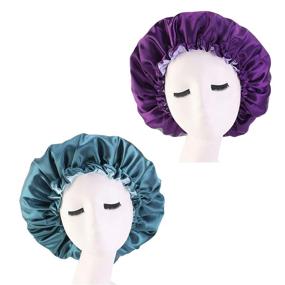 img 1 attached to 🎀 Timoey Reversible Satin Sleep Cap - Double Layer Bonnet for Night Sleeping, Adjustable - Green & Purple