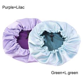 img 3 attached to 🎀 Timoey Reversible Satin Sleep Cap - Double Layer Bonnet for Night Sleeping, Adjustable - Green & Purple