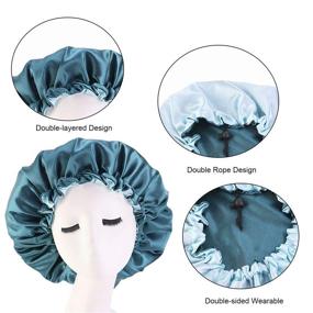 img 2 attached to 🎀 Timoey Reversible Satin Sleep Cap - Double Layer Bonnet for Night Sleeping, Adjustable - Green & Purple