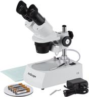 amscope se306r-p-led stereo microscope with binocular, wf10x eyepieces, 20x and 40x magnification, 2x and 4x objectives, upper and lower led illumination, reversible black/white stage plate, pillar stand, 120v or battery-powered logo