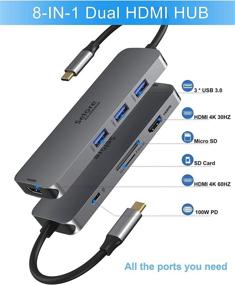 img 3 attached to High-Speed USB C to Dual HDMI Adapter | 8-in-1 USB C Hub for Dual 4K HDMI Monitors, USB 3.0, PD Port, SD/TF Card Reader | Compatible with Dell XPS 13/15, Huawei Matebook X pro, Windows