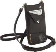 stylish black leather bandolier emma crossbody phone case with gold detail for iphone 12/12 pro - includes convenient wallet logo