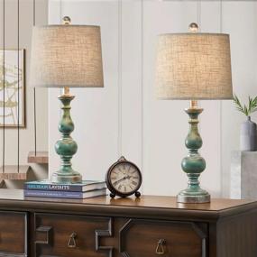 img 4 attached to 🌿 PORTRES 24.5'' Retro Style Table Lamp Set of 2: Ideal Bedroom, Living Room, Kids Room, or Office Accent - Resin Green with Fabric Lampshades