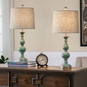 img 2 attached to 🌿 PORTRES 24.5'' Retro Style Table Lamp Set of 2: Ideal Bedroom, Living Room, Kids Room, or Office Accent - Resin Green with Fabric Lampshades