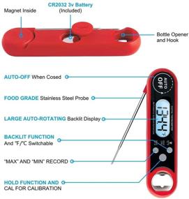 img 1 attached to 🌡️ Red Waterproof Digital Meat Thermometer - Instant Read, Built-in Folding Probe, LCD Backlight, Calibration, Bottle Opener for BBQ, Oven, Smoker, Turkey, Candy