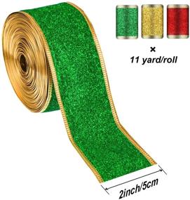 img 3 attached to 🎁 Shimmery Christmas Ribbon Set - 3 Rolls of 2 Inch Glitter Gift Wrapping Ribbons with Gold Wired Edge, 33 Yards