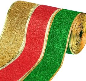 img 2 attached to 🎁 Shimmery Christmas Ribbon Set - 3 Rolls of 2 Inch Glitter Gift Wrapping Ribbons with Gold Wired Edge, 33 Yards