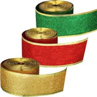 🎁 shimmery christmas ribbon set - 3 rolls of 2 inch glitter gift wrapping ribbons with gold wired edge, 33 yards logo