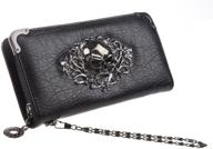 💀 hoyofo women's zip around skull wallet with credit card holder & phone case - genuine leather long goth clutch purse with wristlet, black logo