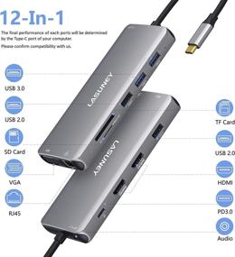 img 3 attached to 🔌 Lasuney Triple Display 12-in-1 USB C Docking Station with 2 HDMI & VGA, PD3.0, Ethernet, SD TF Card Reader, 4 USB Port, Mic/Audio, Type C Adapter Hub - Compatible for MacBook Air Pro and More