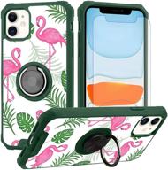 iphone 11 case flamingo design with ring grip holder kickstand 360 degree stand screen protector (work with magnetic car mount) women girls cute protective flower cover for iphone 11 6 logo