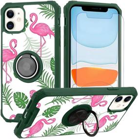 img 4 attached to IPhone 11 Case Flamingo Design With Ring Grip Holder Kickstand 360 Degree Stand Screen Protector (Work With Magnetic Car Mount) Women Girls Cute Protective Flower Cover For IPhone 11 6